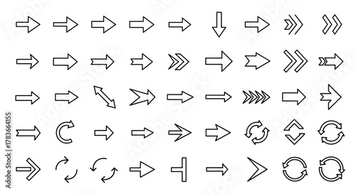 Collection of diverse black arrow icons on a clean white background, featuring a variety of styles including simple pointers, double arrows, curved arrows, and directional indicators, perfect for web
