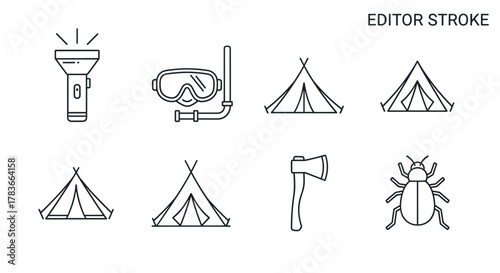 Bundle of Camping and Outdoor Adventure Line Icons with Editable Stroke, perfect for design projects, websites, apps, and cards. Includes linear illustrations of a flashlight, diving mask, snorkel