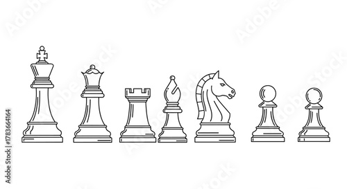 Collection of classic chess pieces in a clean outline style, featuring the King, Queen, Rook, Bishop, Knight, and Pawns. This editable stroke vector illustration is perfect for infographics