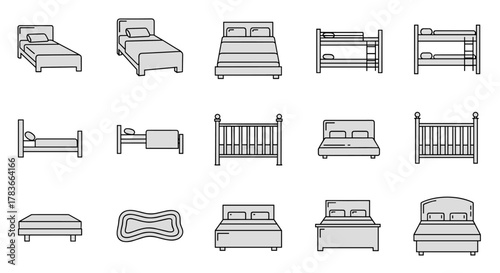 Collection of thin line icons representing various types of beds and mattresses, including single beds, double beds, bunk beds, and cribs, perfect for web, books, cards, and apps, presented as a