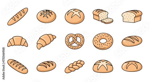 Collection of simple, linear outline cartoon illustrations of various bread types, including baguettes, croissants, pretzels, bagels, and loaves, perfect for web, books, cards, and apps, with