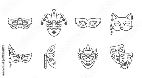 Collection of simple, isolated line art carnival masks, including Venetian, jester, cat, feather, and theatrical comedy/tragedy styles, perfect for web, books, cards, and apps, with editable strokes