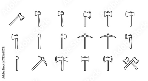 Bundle of minimalistic linear icons representing various axes and pickaxes, perfect for web and graphic design, apps, banners, social networks, and cards. This collection features clean, scalable