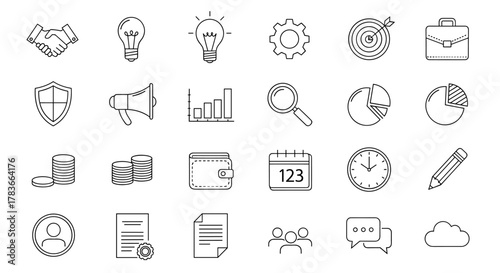 A comprehensive collection of thin outline business and teamwork line icons, featuring a UI icon set, web pictograms, and an ordered line icon set presented on a clean white background, perfect for