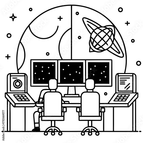 Astronauts in a space mission control center monitoring the cosmos