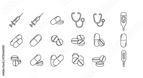 Collection of medical icons in thin line style, featuring syringes, stethoscopes, various pills and capsules, and thermometers, perfect for apps, websites, banners, and infographics, representing