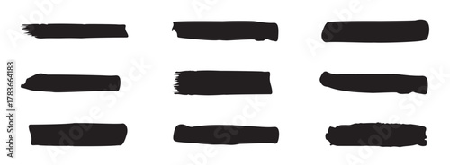 Collection of nine hand-drawn horizontal black brush strokes, raw and textured, for creative graphic design elements