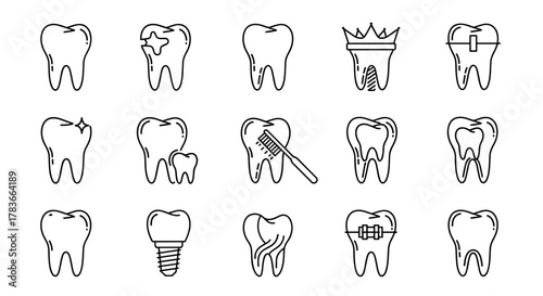 A collection of clean, linear outline icons representing various dental health concepts, including healthy teeth, decayed teeth, teeth with braces, dental implants, and teeth being brushed, perfect