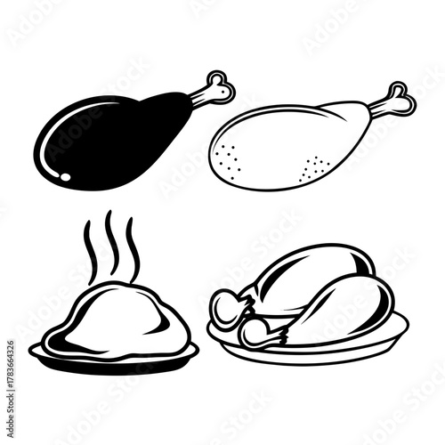 Collection of stylized chicken dishes and drumsticks