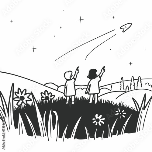 Children pointing at a rocket ship in the night sky