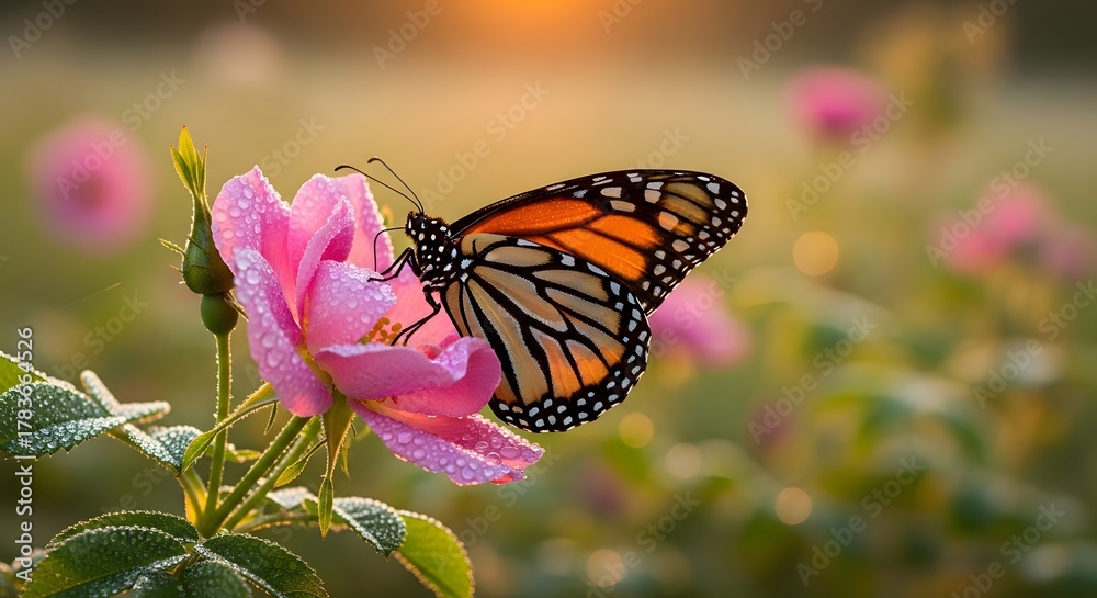Naklejka premium Monarch butterfly perched on a pink rose with water droplets in a garden at sunrise or sunset time