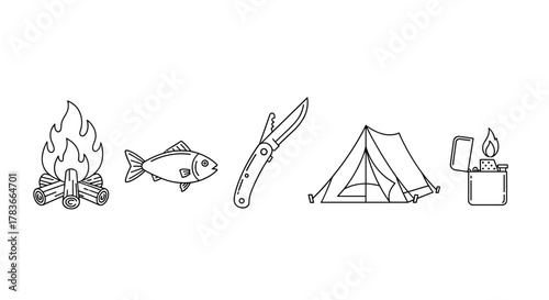 Set of isolated vector outline icons for camping and outdoor activities, including a bonfire, a fish, a folding knife, a tent, and a lighter, perfect for interface elements, social media posts, and