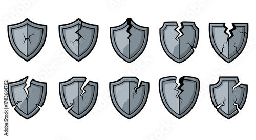 Collection of ten cracked shield icons, rendered in a cartoon vector style with a clean white background, showcasing various stages of damage and breakage for graphic design and illustrative purposes.