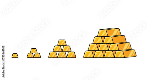 Collection of simple cartoon-style gold bars stacked in ascending pyramid shapes, isolated on a white background. This editable stroke vector illustration is perfect for infographics, articles