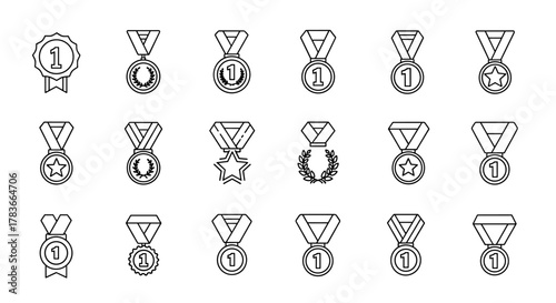 Collection of simple line icons representing first place medals, featuring variations with stars, laurel wreaths, and the number '1', perfect for sports, achievements, and award-themed graphic