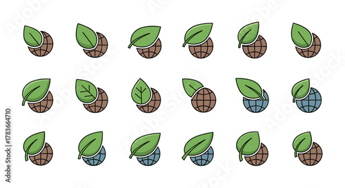 Set of 18 minimalistic icons and pictograms representing a green leaf emerging from or protecting the Earth/Globe, symbolizing environmental protection, ecology, nature, and sustainability. These