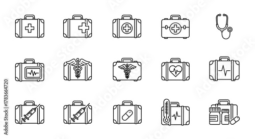 Collection of medical suitcase line icons, featuring first aid kits, stethoscopes, caduceus symbols, heartbeats, syringes, pills, and thermometers, perfect for web, apps, and print, with editable