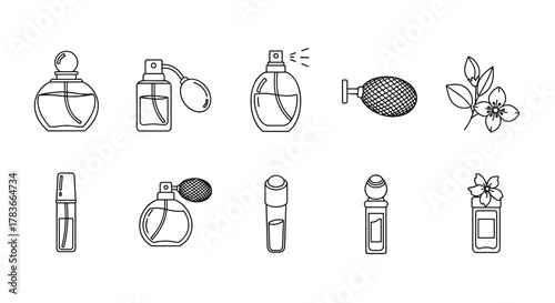 Collection of minimalistic outline icons representing various perfume bottles, atomizers, and a delicate floral element, perfect for web design, graphic applications, social media, and elegant