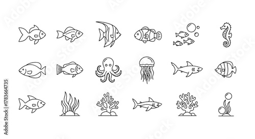 A captivating collection of minimalistic line icons featuring a diverse array of aquatic life, including various fish species, a majestic seahorse, a curious octopus, a graceful jellyfish, and a