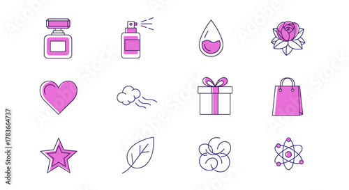 Set of 12 minimalistic pink and purple icons for web and graphic design, apps, banners, social networks, and cards, featuring a perfume bottle, spray, drop, rose, heart, wind, gift, shopping bag