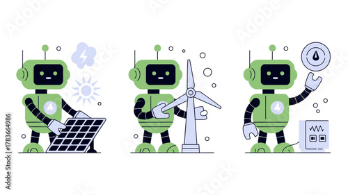 Friendly green robots representing renewable energy and technological innovation in a clean and modern illustration style