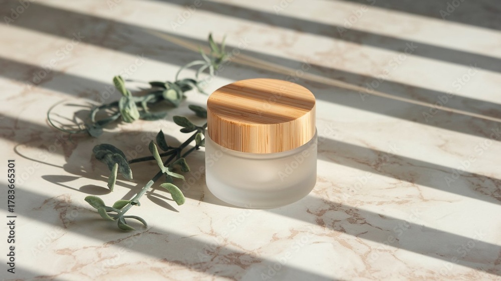 Naklejka premium Frosted Glass Skincare Jar with Bamboo Cap on Marble Minimalist Eco Beauty Mock-Up