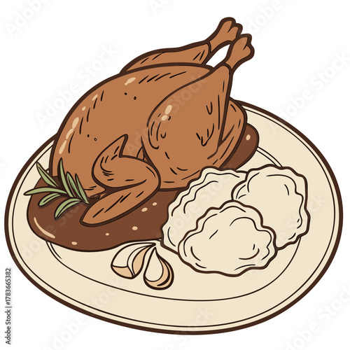 Delicious roasted chicken dinner with mashed potatoes and gravy