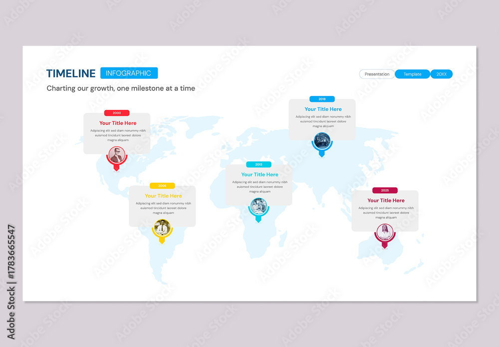 5 Milestones on World Map Timeline Infographic for Presentation Stock ...