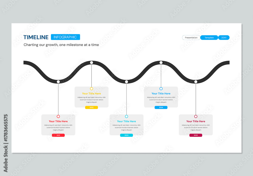 Wavy Timeline Infographic with 5 Steps of Business Progress and Growth ...
