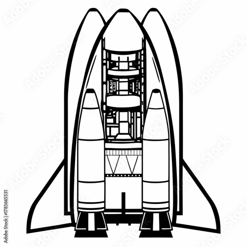 Detailed line drawing of a space shuttle launch configuration