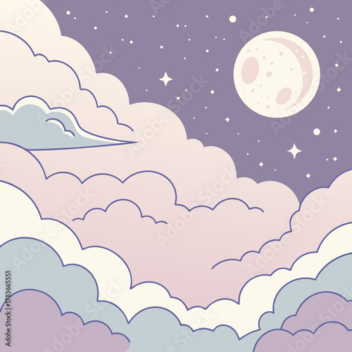 Dreamy pastel clouds under a starry night sky with a full moon