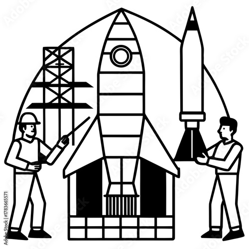 Engineers inspecting and preparing rockets for launch