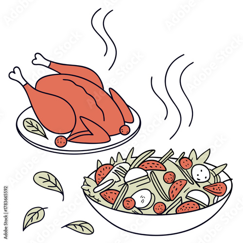 Hot roasted chicken and fresh salad meal illustration