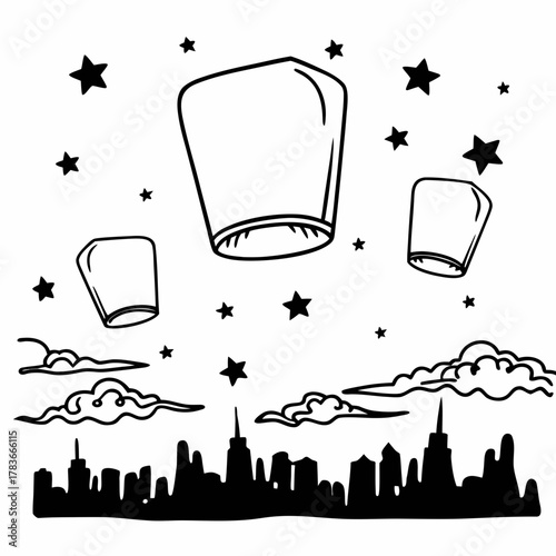Sky lanterns ascend over a city skyline under a starry night sky