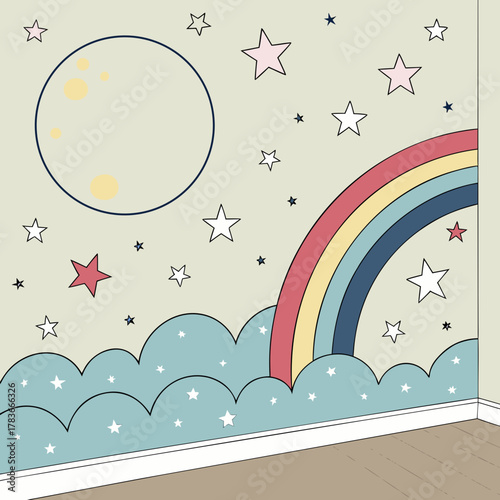Whimsical children s room mural with moon rainbow and stars