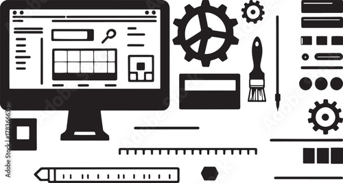 Web design and development tools icons with monitor, gears, brush, ruler, UI elements and settings vector