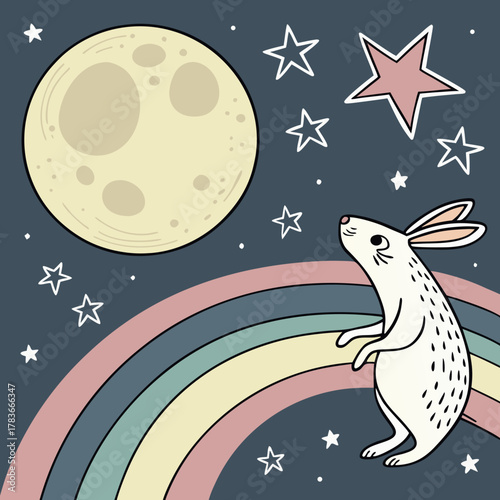 Whimsical rabbit gazes at the moon and stars above a pastel rainbow