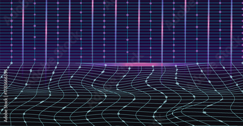 Abstract digital grid with flowing lines, creating a futuristic visual.