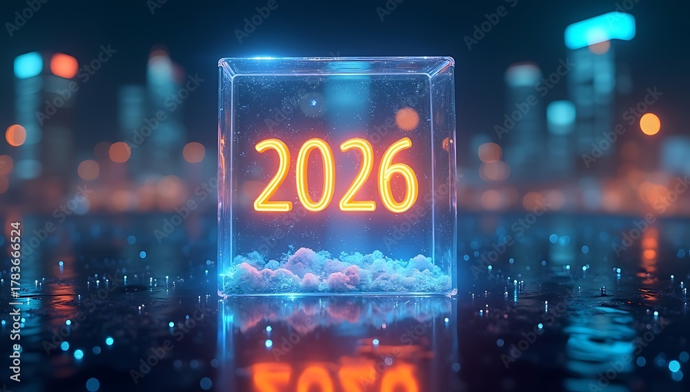 Obraz premium Futuristic New Year 2026 concept with a glowing neon cube against a blurry city skyline at night