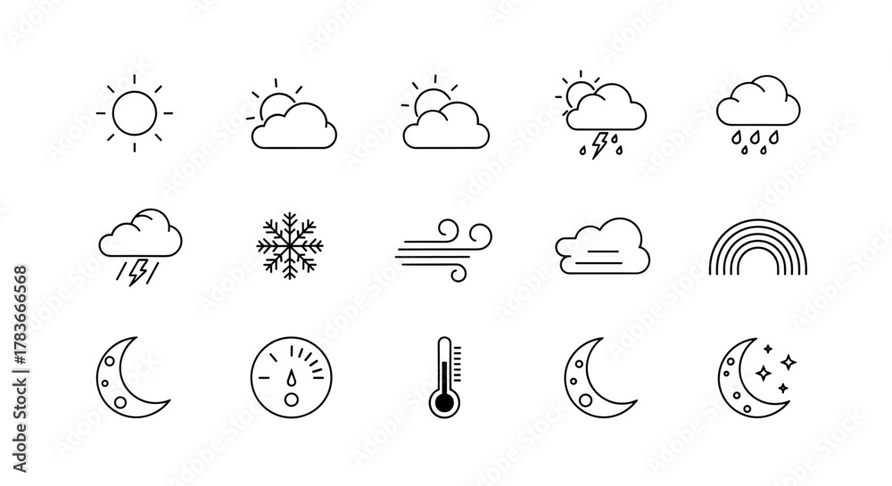 Obraz premium Collection of minimalistic linear weather forecast icons, including sun, clouds, rain, snow, thunderstorm, wind, rainbow, moon, and thermometer, perfect for web, graphic design, apps, and banners
