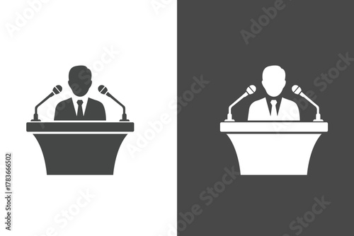 Vector illustration of speaker at a podium with microphones, presented in both black and white versions