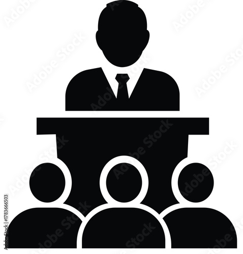Vector illustration of silhouette of a speaker at a podium addressing an audience