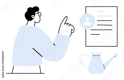 Person reviewing profile with emphasis on improvement, supported by a watering can symbolizing growth. Ideal for career development, HR processes, employee coaching, leadership training