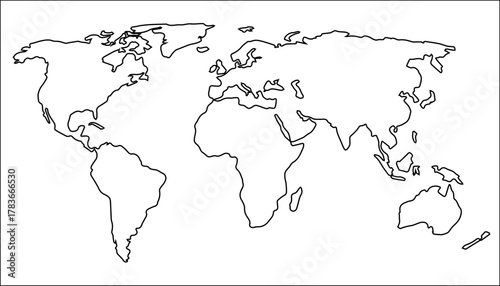 World Outlines. A minimalist world map depicted in black lines with white fill on a light background. The simplicity of the form emphasizes the universality and interconnectedness of all continents