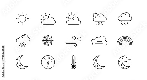 Collection of minimalistic linear weather forecast icons, including sun, clouds, rain, snow, thunderstorm, wind, rainbow, moon, and thermometer, perfect for web, graphic design, apps, and banners