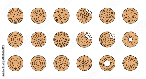 A collection of thin line vector icons representing various types of cookies, including plain, patterned, and bitten cookies, presented in a clean, modern, and minimalist style, perfect for