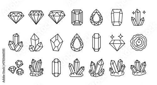 Collection of outline symbols of diamonds and crystals, drawn with thin lines, perfect for apps, websites, banners, infographics, and various design projects, offering a clean and modern aesthetic
