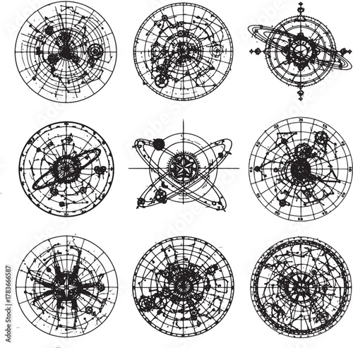 Celestial Schematics: Nine intricate, hand-drawn circular diagrams, meticulously detailing celestial bodies and cosmic phenomena, hinting at the vastness and complexity of the universe.