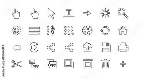 A collection of minimalistic linear pictograms and icons for web and graphic design, apps, banners, social networks, and cards, featuring cursor, menu, settings, text, arrows, refresh, home, share