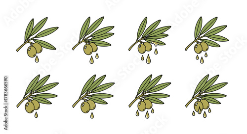 Set of eight cartoon illustrations of olive branches with green olives dripping oil, presented in a clean, ordered line on a white background, perfect for logos and design elements.
